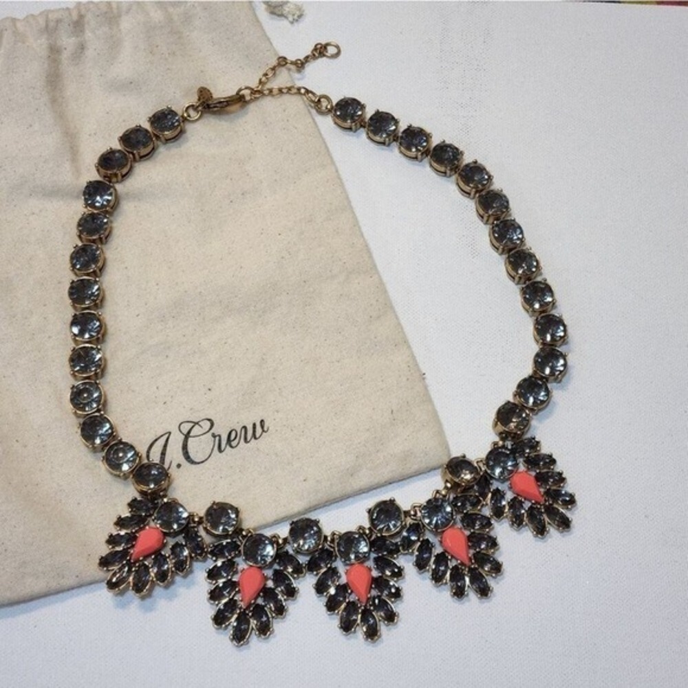 J. Crew Statement Necklace Grey Crystal Coral Teardrop Antique Gold Tone Bib
